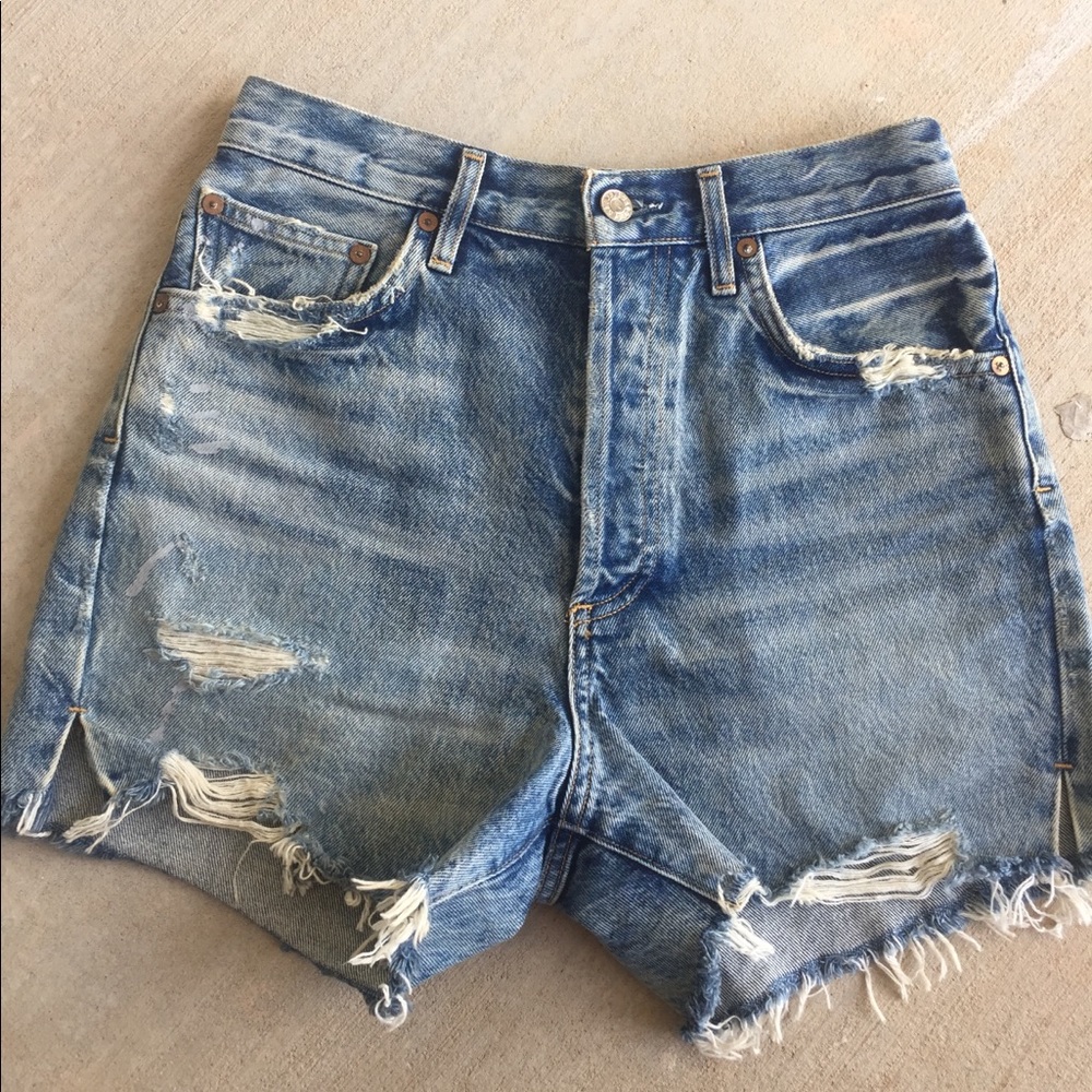 Agolde Distressed Light Blue Denim Jean Shorts